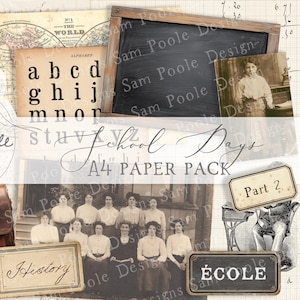 May include: A digital collage featuring vintage school-themed elements including a brown leather satchel, a black chalkboard, a sepia-toned group photograph of students, an alphabet chart, and labels with the text Spellings, History, and ÉCOLE.
