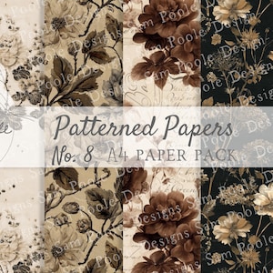 Puede incluir: Un paquete de papel digital con patrones florales y botánicos en tonos marrón, crema y negro. Los diseños incluyen ilustraciones de flores de estilo vintage, texto manuscrito y salpicaduras de tinta. El texto Sam Poole Designs Patterned Papers No. 8 A4 PAPER PACK está superpuesto.