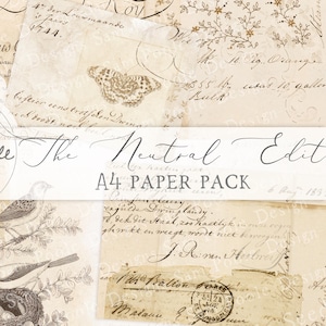 Pode incluir: Uma colagem de papel em estilo vintage com escrita manuscrita, uma borboleta e ilustrações de pássaros. O texto "Sam Poole Designs" e "The Neutral Edit A4 PAPER PACK" é exibido. A paleta de cores é principalmente bege e sépia.