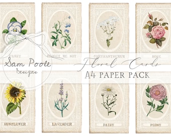 Floral Cards Vintage Junk Journal A4 Paper Collection - Digital Download - Vintage Papers - Printables for Journaling and Art