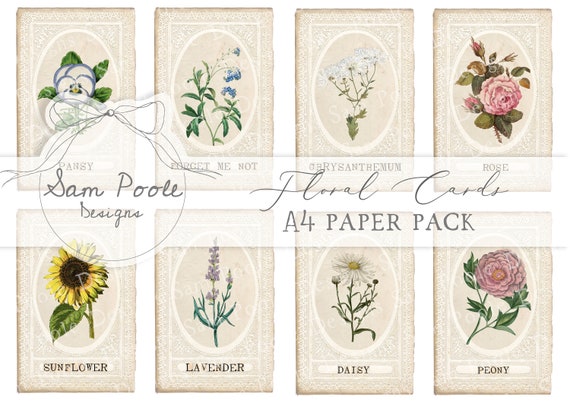 Floral Cards Vintage Junk Journal A4 Paper Collection - Digital Download - Vintage Papers - Printables for Journaling and Art