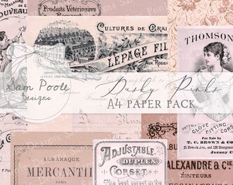 Dusky Pinks Kit Vintage Junk Journal A4 Paper Collection - Digital Download - Vintage Papers - Printables for Journaling and Art