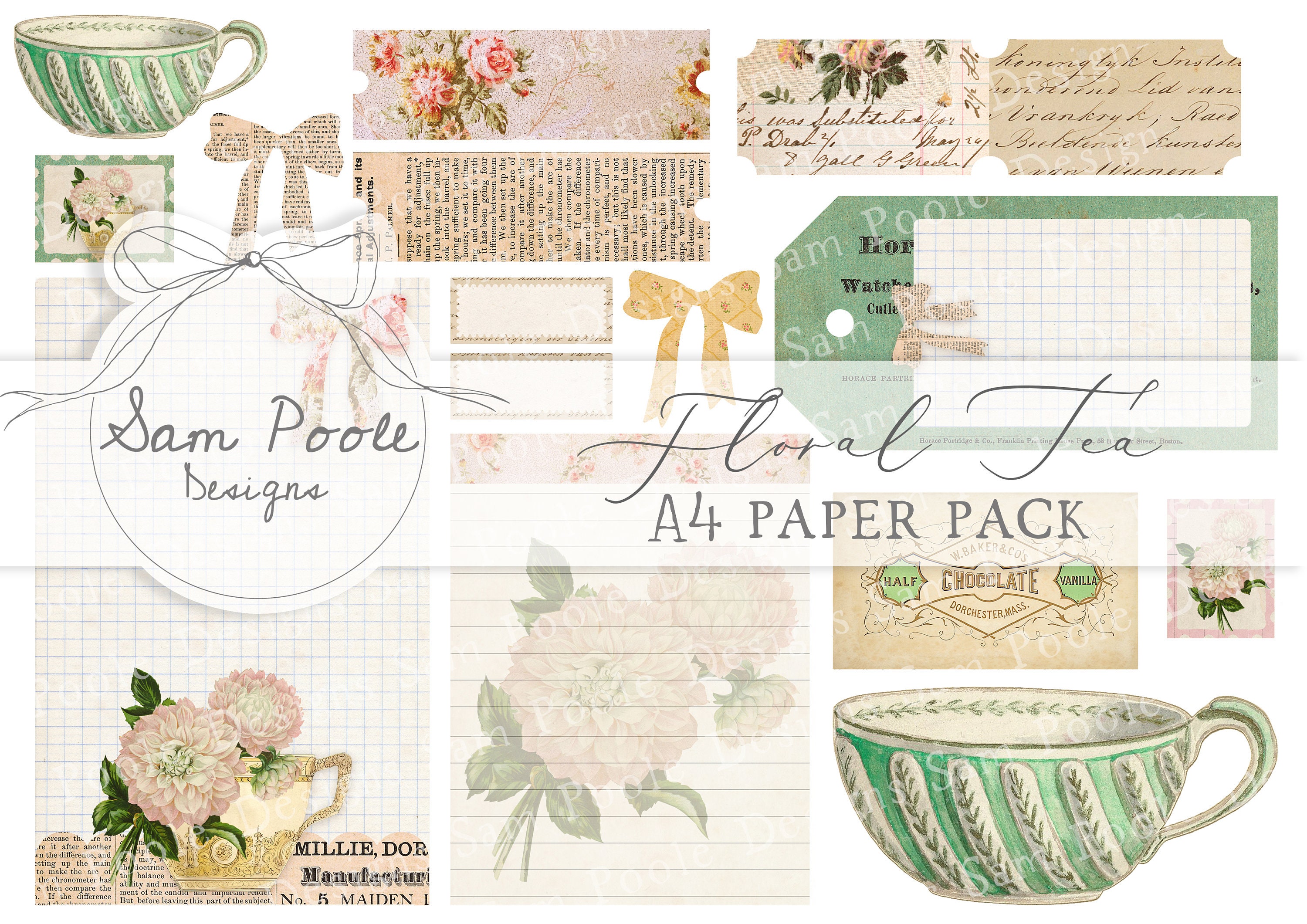 Floral Tea Kit Vintage Junk Journal A4 Paper Collection - Digital ...