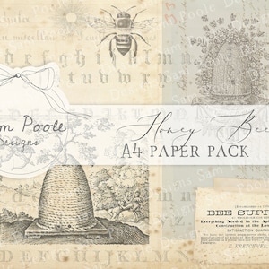 Può includere: Un pacchetto di carta in stile vintage con un tema di api. Il pacchetto include un alveare, un'ape e un disegno floreale. Il testo "Sam Poole Designs" e "Honey Bee A4 Paper Pack" è visibile nell'immagine.