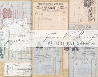 French Receipts A4  Paper Collection - Digital Download - Vintage Papers - Printables for Journaling and Art
