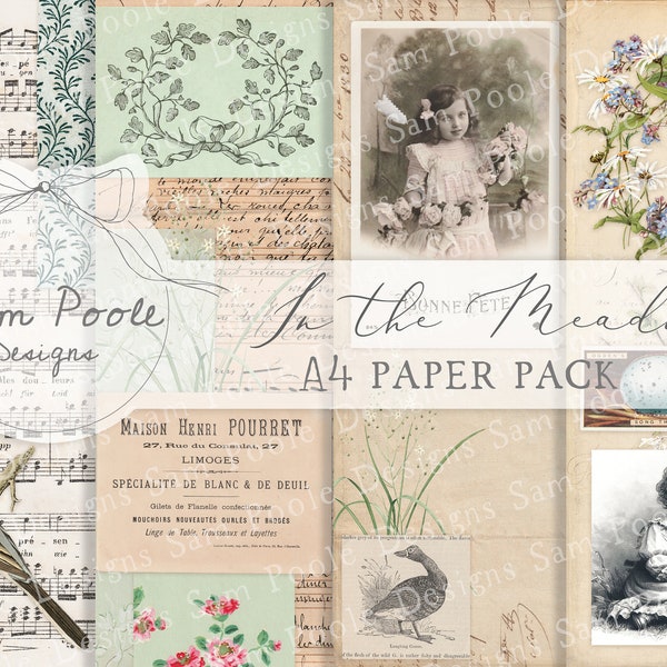 In the Meadow Kit Vintage Junk Journal A4 Paper Collection - Digital Download - Vintage Papers - Printables for Journaling and Art