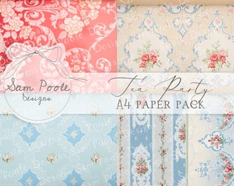 May include: A digital paper pack featuring four different patterns with floral designs in shades of pink, blue, and white. The patterns are arranged in a grid with the text "Tea Party A4 Paper Pack" in the centre.
