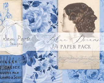 Blue Dreams Junk Journal A4 Paper Collection - Digital Download - Vintage Papers - Printables for Journaling and Art