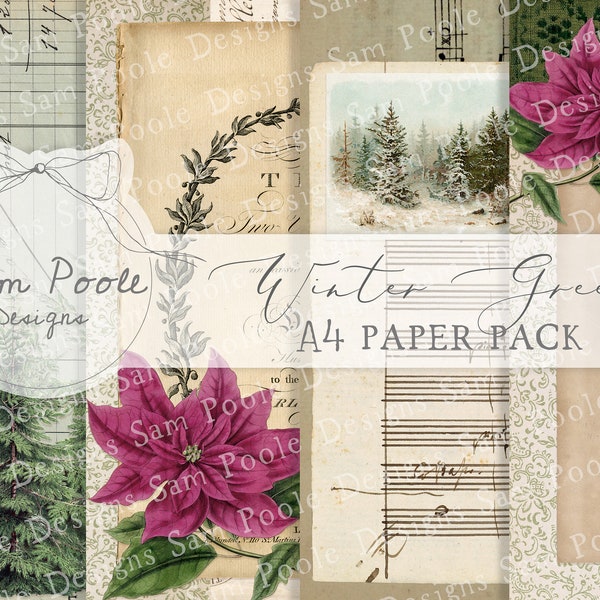 Winter Greens Vintage Christmas Junk Journal A4 Paper Collection - Digital Download - Vintage Papers - Printables for Journaling and Art