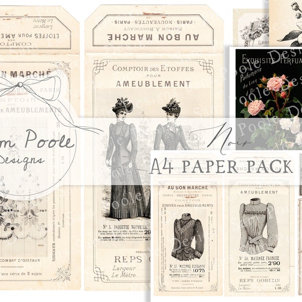 Noir Vintage French Haberdashery Junk Journal A4 Paper Collection - Descarga digital - Papeles antiguos - Imprimibles para diario y arte