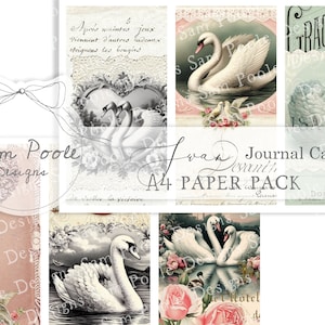Puede incluir: Un conjunto de ocho tarjetas de diario imprimibles con ilustraciones vintage de cisnes. Las tarjetas están en un esquema de color blanco y rosa con un delicado borde de encaje. El texto en las tarjetas dice "Swan Journal Cards" y "A4 Paper Pack".