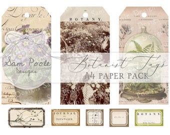 Botanist Tags & Labels Vintage Junk Journal A4 Paper Collection - Digital Download - Vintage Papers - Printables - Journaling and Art