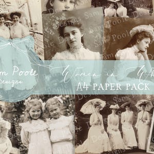 Puede incluir: Un collage de fotografías vintage en tonos sepia que muestran a mujeres con vestidos y sombreros blancos. Las imágenes están dispuestas en una cuadrícula, con el texto "Women in White A4 PAPER PACK" superpuesto. Las fotografías tienen un tono sepia.