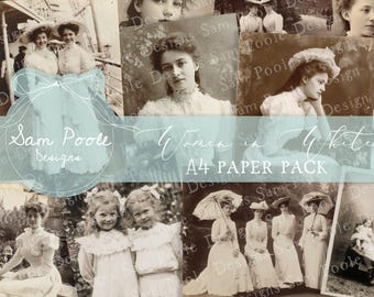 Women in White Vintage Ephemera A4 Paper Pack - Junk Journal Printables (Digital Download)