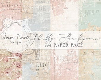 May include: A digital paper pack featuring a distressed, vintage aesthetic. The pack includes six different papers with a variety of textures and patterns. The papers are ideal for scrapbooking, card making, and other paper crafts. The papers are in a light blue, pink, and beige colour scheme. The text on the papers reads "Sam Poote Designs" and "Shabby Backgrounds A4 Paper Pack".