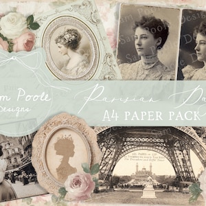 Op de afbeelding: Een collage van vintage afbeeldingen met een Parijs thema. Bevat portretten, de Eiffeltoren en bloemelementen. De tekst "Parisian Days A4 PAPER PACK" is zichtbaar, samen met de naam van de ontwerper. Zachte pastelkleuren en antieke esthetiek.
