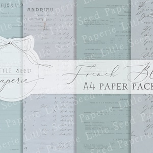 May include: A digital paper pack with four different designs featuring vintage French blue paper with handwritten text. The paper pack is titled "French Blues A4 Paper Pack" and includes the logo "Little Seed Paperie".