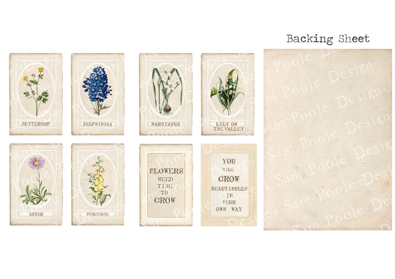 May include: A printable sheet of vintage-style flower cards with illustrations and text. The cards feature names like Buttercup, Delphinium, Narcissus, Lily of the Valley, Aster, and Foxglove. One card says "Flowers need time to grow." Another card says "You will grow beautifully in your own way."