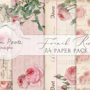 Coleção de papel A4 French Rose Shabby Chic Junk Journal - Download digital - Papéis vintage - Imprimíveis para diário e arte