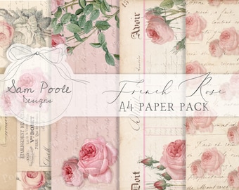 French Rose Shabby Chic Junk Journal A4 Paper Collection - Digital Download - Vintage Papers - Printables for Journaling and Art