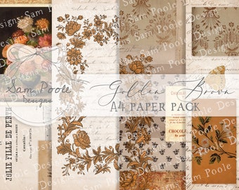 Könnte beinhalten: Ein digitales Papierpaket mit einer Collage von Bildern mit floralen Mustern in Gold- und Brauntönen. Der Text "Golden Brown A4 Paper Pack" ist in der Mitte des Bildes sichtbar.