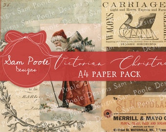 May include: A red and white paper pack with a Victorian Christmas theme. The pack includes images of Santa Claus, carriages, sleighs, and a horse shoeing sign. The text "Sam Poole Designs" and "A4 Paper Pack" are printed on the front of the pack.