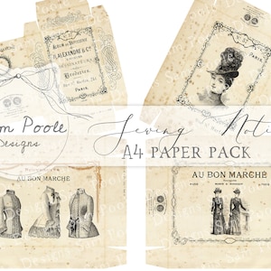 Puede incluir: Un paquete de papel digital con ilustraciones vintage de ropa de mujer y accesorios de moda. El paquete de papel incluye el texto "Au Bon Marché" y "Sewing Notions".