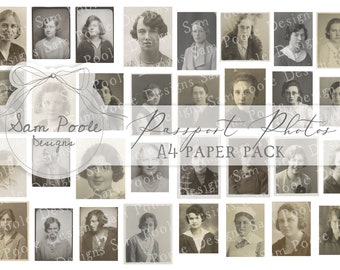 Vintage Passport Photos Kit Vintage Junk Journal A4 Paper Collection - Digital Download - Vintage Papers - Printables - Journaling and Art