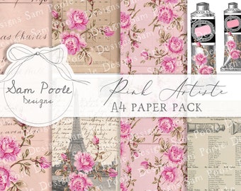 Pink Artiste Digital Kit Vintage Junk Journal A4 Paper Collection - Digital Download - Vintage Papers - Printables for Journaling and Art