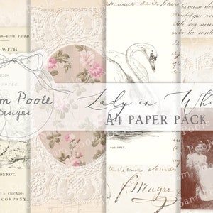 Coleção de papéis A4 para diário vintage Lady in White Kit - Download digital - Papéis vintage - Imprimíveis para diário e arte