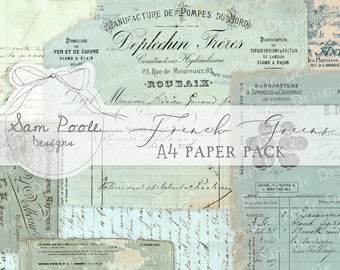 French Greens Kit Vintage Junk Journal A4 Paper Collection - Digital Download - Vintage Papers - Printables for Journaling and Art