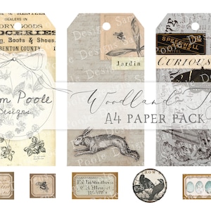 Woodland Tags & Labels Vintage Junk Journal A4-papiercollectie - Digitale download - Vintage Papers - Printables - Journaling en kunst