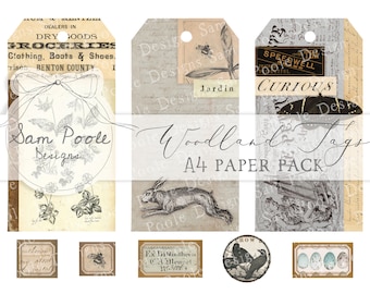 Woodland Tags & Labels Vintage Junk Journal A4 Paper Collection - Digital Download - Vintage Papers - Printables - Journaling and Art