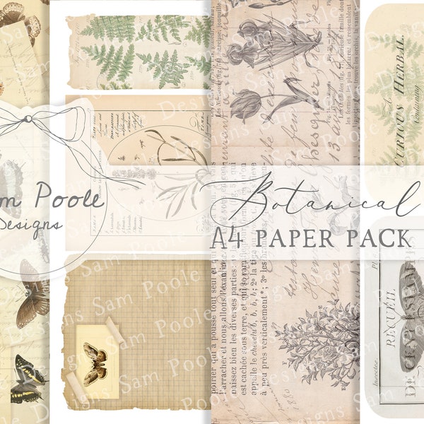 Botanical Nature Junk Journal A4 Paper Collection - Digital Download - Vintage Papers - Printables for Journaling and Art