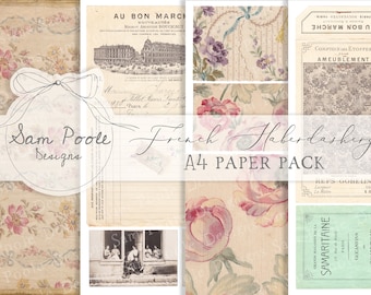 Vintage French Haberdashery Junk Journal A4 Paper Collection - Digital Download - Vintage Papers - Printables for Journaling and Art