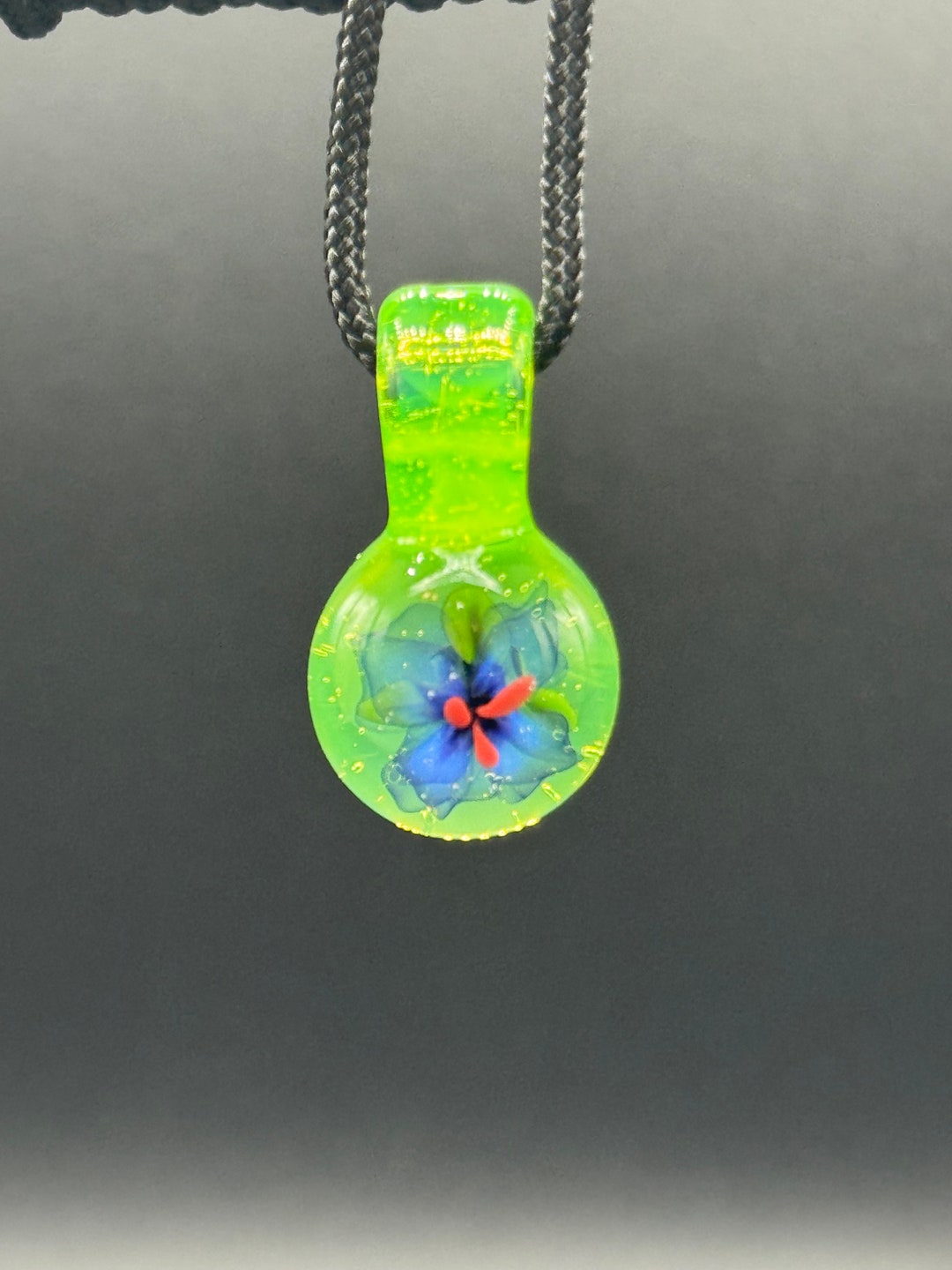 Mini Glass Flower Pendant Necklace Transparent Blue Flower With Slyme