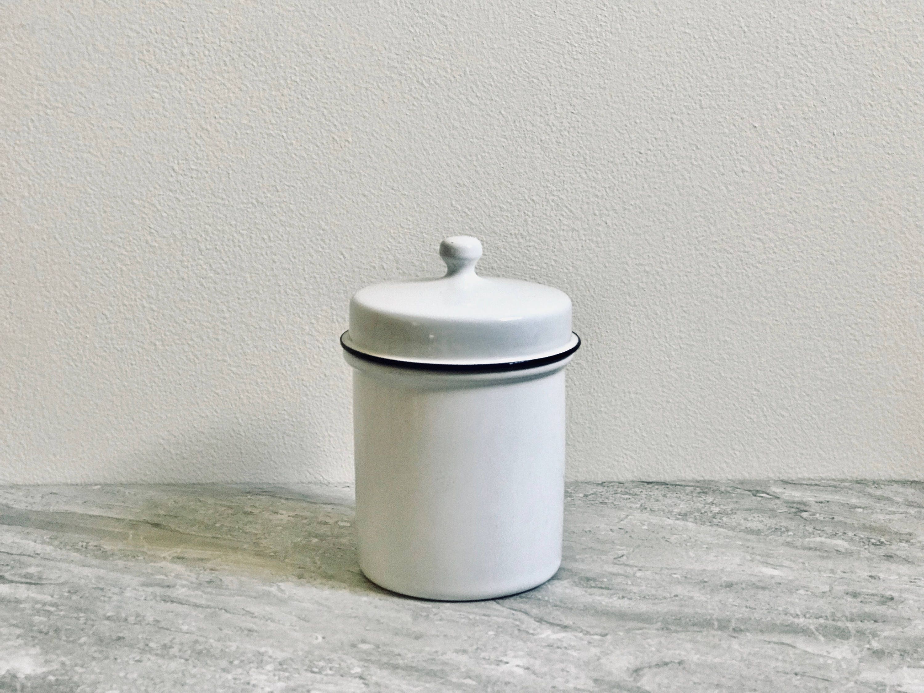 White Blue Stripe Enamel Jar with Lid / Vintage Storage | Etsy