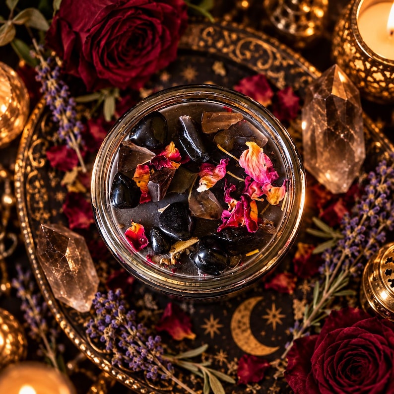 Overhead close-up of Season of the Witch candle featuring dark black wax topped with polished black obsidian, translucent smoky quartz pieces, dried pink and burgundy rose petals, and botanical herbs. The round glass candle jar rests on an ornate gold celestial tray surrounded by rich burgundy roses, lavender sprigs, crystals, and candlelight. Detailed witchy crystal candle photography showcasing handmade botanical decorations, protective intention symbolism, and mystical gothic aesthetics.