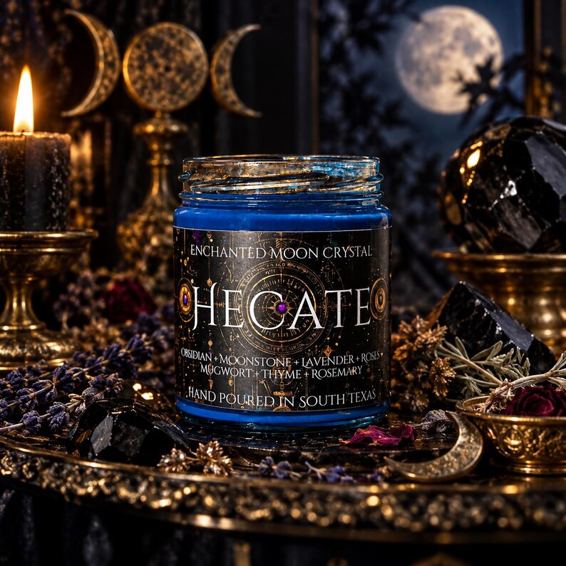 Hand-poured Hecate goddess candle photographed in a mystical gothic setting. The cobalt blue glass candle jar features an elaborate black and antique gold celestial label, surrounded by black crystals, lavender, dried botanicals, glowing candlelight, and a luminous full moon in the background. Inspired by Hecate, the Greek goddess of witchcraft and crossroads, this crystal intention candle evokes moon magic, shadow work, divination, spiritual protection, and transformation