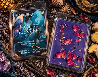 May include: Two clear plastic clamshell containers of purple wax melts. One label reads Enchanted Moon Crystal House Blessing, French Lavender, Nutmeg, Ginger, Vanilla Bean, Hand Poured Wax Melts From South Texas. The wax is topped with dried rose petals.