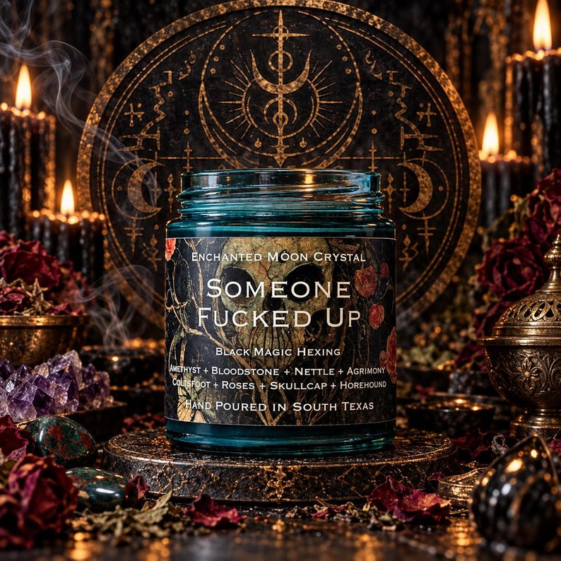 Someone Fucked Up black magic candle photographed against an ornate golden occult altar backdrop with circular mystical symbols, flickering black candles, dried roses, amethyst crystals, and curling smoke. The turquoise glass jar and dark gothic label stand out against the warm amber lighting. A dramatic handcrafted ritual candle designed around themes of energetic boundaries, banishment, and reclaiming power.