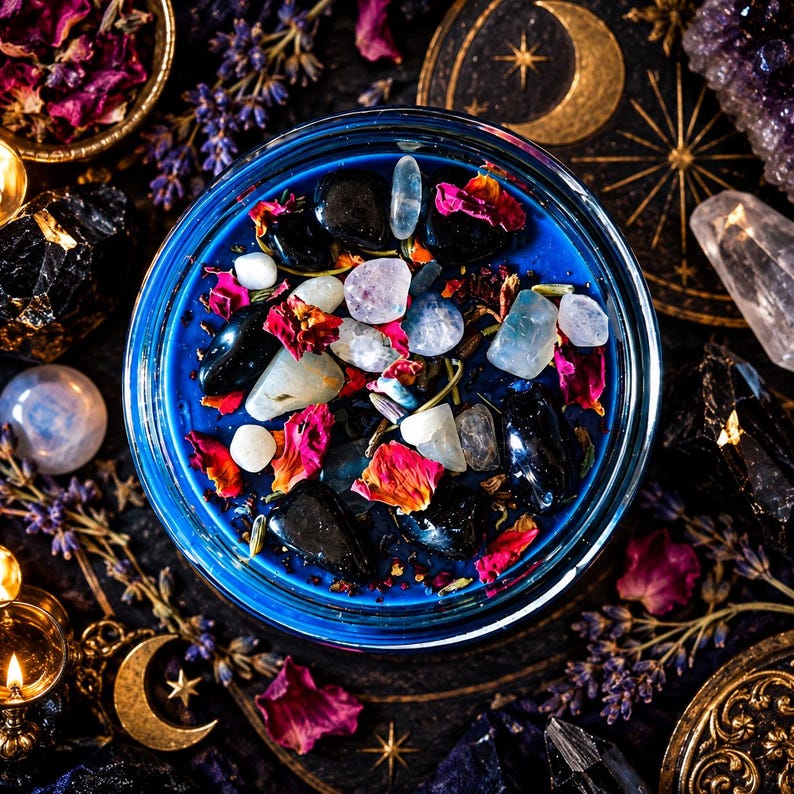 Direct overhead view of the Hecate ritual-inspired candle featuring saturated cobalt blue wax, black obsidian crystals, pale moonstone pieces, dried pink and red roses, and botanical herbs. The glass jar is arranged against a dark mystical backdrop decorated with antique gold crescent moons, celestial starbursts, purple lavender, crystals, and burgundy flowers. An ornate handmade goddess candle celebrating Hecate, crossroads magic, the dark moon, personal transformation, and spiritual protection
