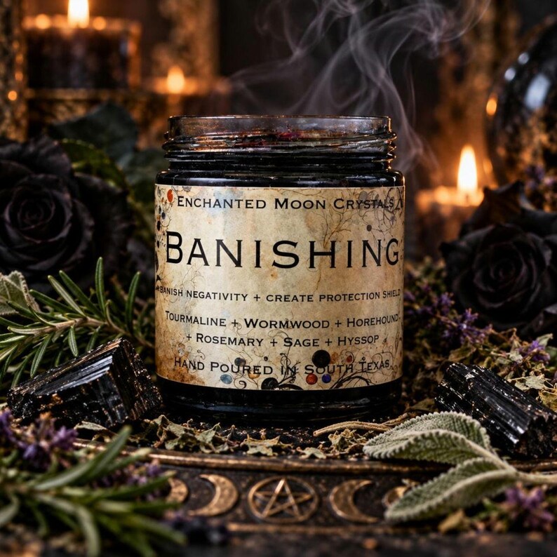 Top-down photograph of Enchanted Moon Crystal Season of the Witch intention candle displaying black wax adorned with smoky quartz, polished obsidian stones, colorful dried rose petals, and herbal botanicals. Styled on a decorative antique gold moon and star tray with deep red roses, purple lavender, illuminated crystal points, and glowing candles. Dark romantic witchcraft-inspired photography highlighting the candle's crystal toppings, botanical details, and earthy autumn ritual aesthetic.