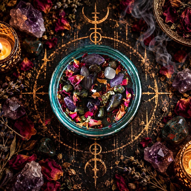 Overhead view of the Someone Fucked Up ritual candle, displaying dark wax decorated with colorful dried flower petals, bloodstone, amethyst, and botanical toppings. The turquoise glass jar sits within an intricate golden occult circle surrounded by dark roses, purple crystals, mystical symbols, and warm candlelight. An atmospheric black magic candle presentation inspired by witchcraft and spiritual defense.