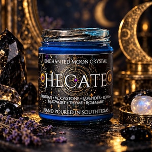 Enchanted Moon Crystal's Hecate intention candle, displaying its rich cobalt blue wax and original black label decorated with intricate golden celestial markings and Hecate lettering. Styled with polished moonstone, black obsidian crystals, lavender sprigs, gold crescent moon ornaments, and soft amber candlelight against a dark gothic background. A handcrafted South Texas goddess candle inspired by moon rituals, witchcraft, ancestral wisdom, spiritual protection, and the crossroads