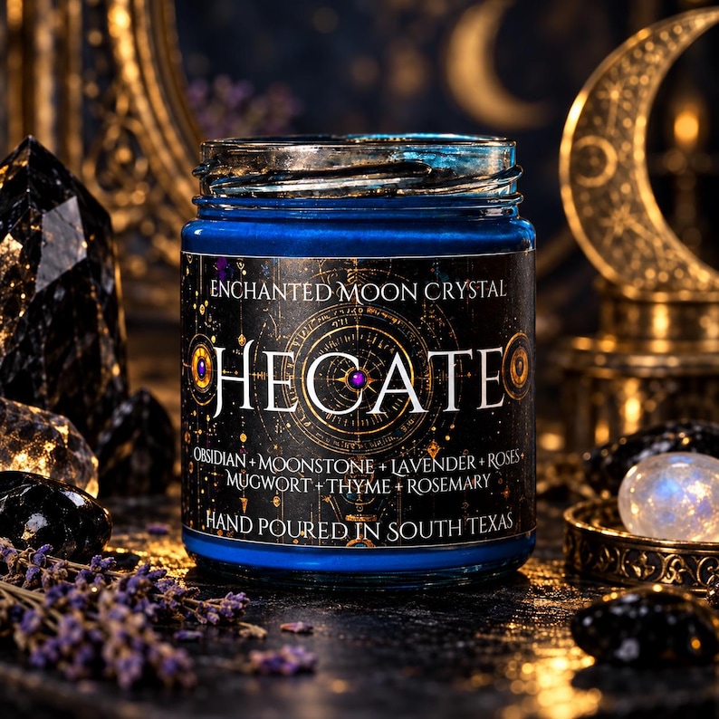 Enchanted Moon Crystal's Hecate intention candle, displaying its rich cobalt blue wax and original black label decorated with intricate golden celestial markings and Hecate lettering. Styled with polished moonstone, black obsidian crystals, lavender sprigs, gold crescent moon ornaments, and soft amber candlelight against a dark gothic background. A handcrafted South Texas goddess candle inspired by moon rituals, witchcraft, ancestral wisdom, spiritual protection, and the crossroads