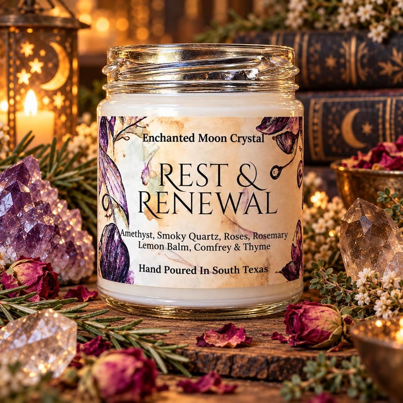 Rest & Renewal candle in a cozy witchy setting with amethyst clusters, dried flowers, rosemary and celestial decor surrounding the jar.