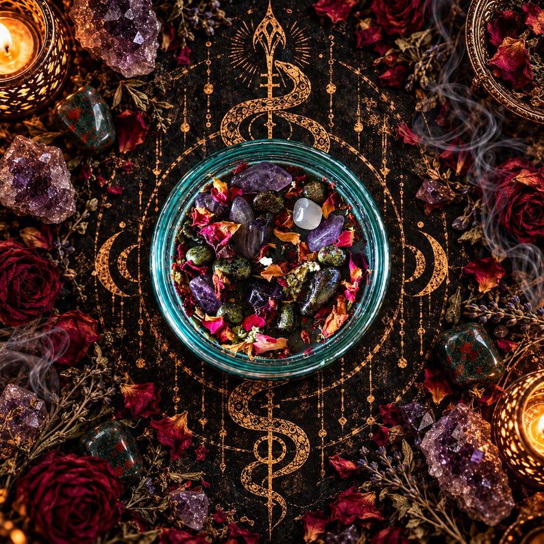 Direct top view of the Someone Fucked Up black magic candle positioned over a striking golden serpent-inspired occult symbol. The turquoise glass vessel contains dark wax adorned with polished crystals, colorful rose petals, dried lavender, and botanical ingredients. Burgundy roses, amethyst clusters, and glowing candles surround the jar, creating a mystical altar arrangement with rich gothic detailing.