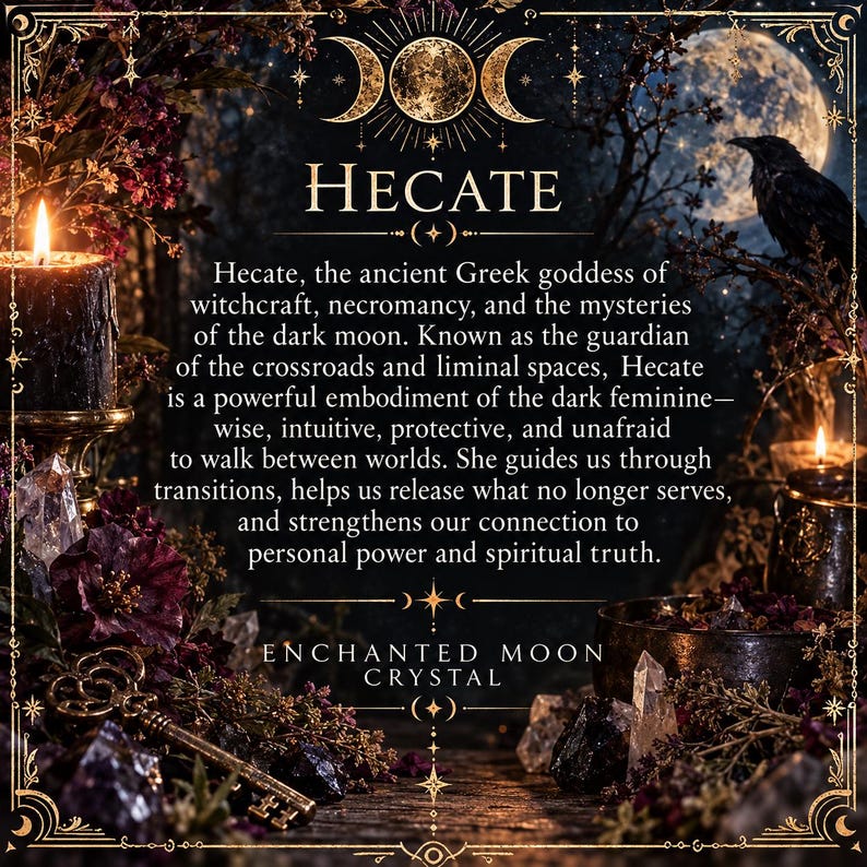 Hecate goddess candle description artwork featuring a dark, atmospheric celestial scene with a glowing full moon, black raven, antique gold triple moon symbolism, candles, mystical keys, crystals, and burgundy flowers. The text explores Hecate as the ancient Greek goddess of witchcraft, necromancy, crossroads, liminal spaces, and the dark feminine. A richly detailed gothic-inspired design representing spiritual transformation, intuition, personal power, and protection.