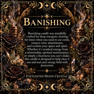 Vintage parchment-style fragrance graphic for the Banishing candle describing a purifying scent of crisp green citrus, soft lily, warming clove, patchouli, vanilla and smoky musk. The fragrance moves from fresh and cleansing into a warm, grounding finish.